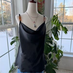 Elegant Black Cowl Neck Tank Top with Tortoiseshell Strap